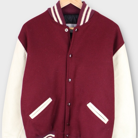 Vintage Varsity Jacket Wool Leather Sleeves Burgundy White Size Medium - Picture 2 of 4